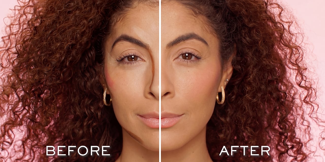 Before on left side with contour placements mapped and after on right side with the finished bold and sculpted look